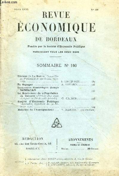 REVEUE ECONOMIQUE DE BORDEAUX - TOME XXVI - N180 / ETIENNE DE LA BOTIE ...