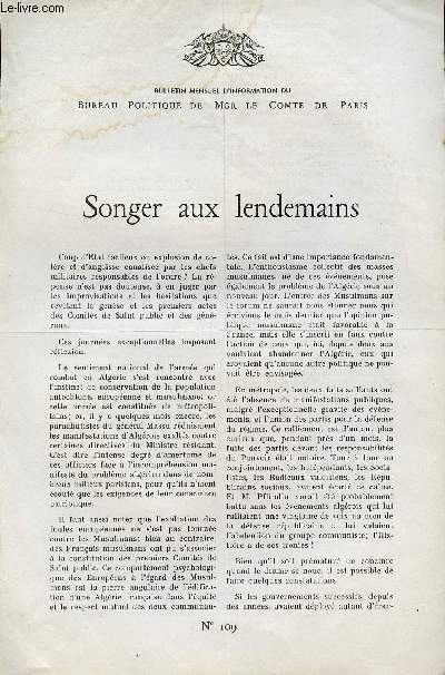 LETTRE N 109 - SONGER AUX LENDEMAINS - 21 MAI 1958.