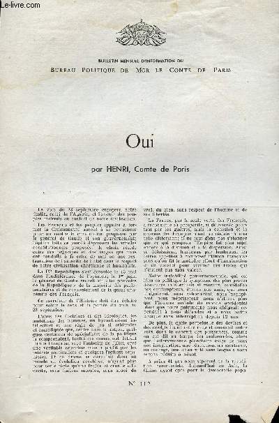 LETTRE N 112 - OUI (PAR HENRI, COMTE DE PARIS - 18 SEPTEMBRE 1958 / (LES FRANCAIS REPODENT OUI AU GENERAL DE GAULLE SUR L'ALGERIE).