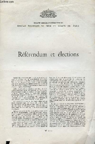 LETTRE N 113 - REFERENDUM ET ELECTIONS / 22 OCTOBRE 1958.