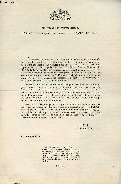 LETTRE N 137 / DECLARATION DE HENRI, COMTE DE PARIS AU GENERAL DE GAULLE SUR LE PROBLEME ALGERIEN / 14 DECEMBRE 1960.
