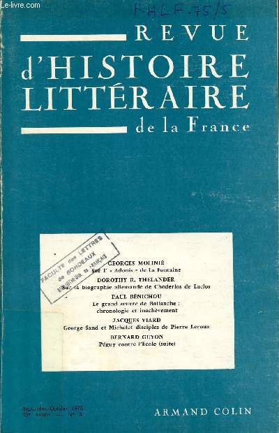 REVUE D'HISTOIRE LITTERAIRE DE LA FRANCE / 75 ANNEE - N5 - SEPTEMBRE-OCTOBRE 1975 / SUR L'ADONIS
