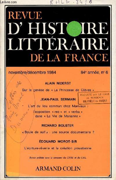 REVUE D'HISTOIRE LITTERAIRE DE LA FRANCE / 84 ANNEE - N6 - NOVEMBRE-DECEMBRE 1984 / SUR LA GENESE DE 