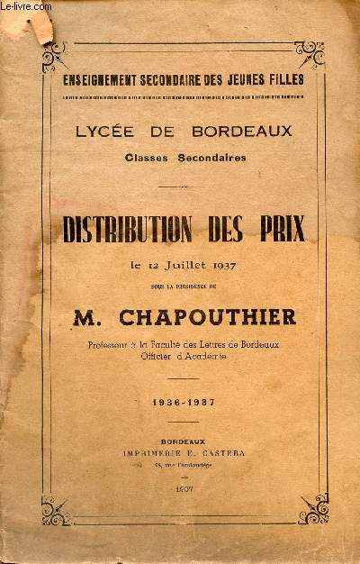 DISTRIBUTION DES PRIX - LY6-1937 / ENSEIGNEMENT SECONDAIRE DES JEUNES FILLES.