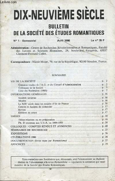 DIX-NEUVIEME SIECLE / BULLETIN DE LA SOCIETE DES ETUDES ROMANTIQUES / N1 - AVRIL 1986.