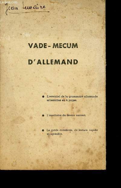 PLAQUETTE - VADE-MECUM D'ALLEMAND / L'ESSENTIEL DE LA GRAMMAIRE ALLEMANDE SCHEMATISE EN 4 PAGES - L'AUXILIAIRE DE DEVOIR CORRECT - LE GUIDE COMMODE, DE LA LECTURE RAPIDE ET AGREABLE.