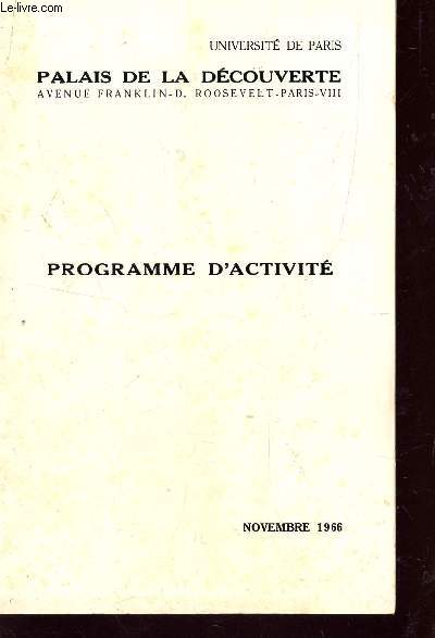 PROGRAMME D'ACTIVITE - NOVEMBRE 1966 - PALAIS DE LA DECOUVERTE.