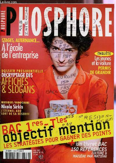 PHOSPHORE - N310 - AVRIL 2007 / BAC : OBJECTIF MENTION : LES STRATEGIES POUR GAGNER DES POINTS / LES JEUNES ET LA VOITURE : PERMIS DE GRANDIE / DOSSIER PRESIDENTIELLES : DECRYPTAGE DES AFFICHES ET SLOGANS / NICOLOS SIRLIS / UN LIVRET BAC 150 REFERENCES ,