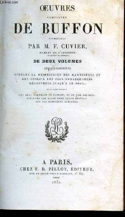 OEUVRES COMPLETES DE BUFFON / TOME XII - ANIMAUX - VOLUME III.