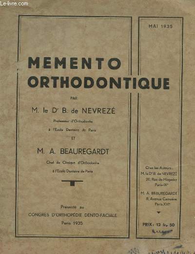 MEMENTO ORTHODONTIQUE - MAI 1935.