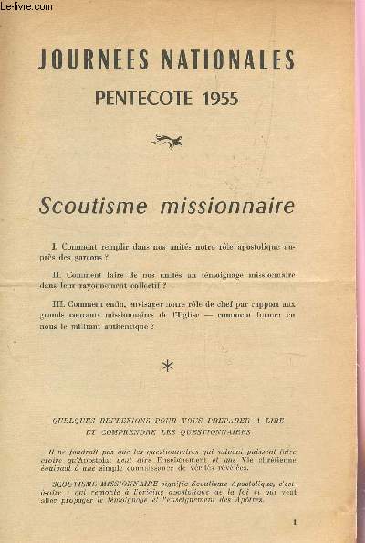 JOURNEES NATIONALES - PENTECOTES 1955 / SCOUTISME MISSIONNAIRE - QUESTIONNAIRE.