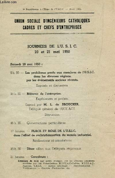 3e SUPPLEMENT A L'ECHO DE L'USIC - AVREIL 1950 / JOURNEES DE L'USIC 20 ET 21 MAI 1950.