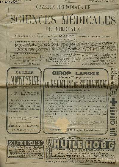 GAZETTE HEBDOMADAIRE DE BORDEAUX - - 13e ANNEE - N14 - 3 AVRIL 1892 /