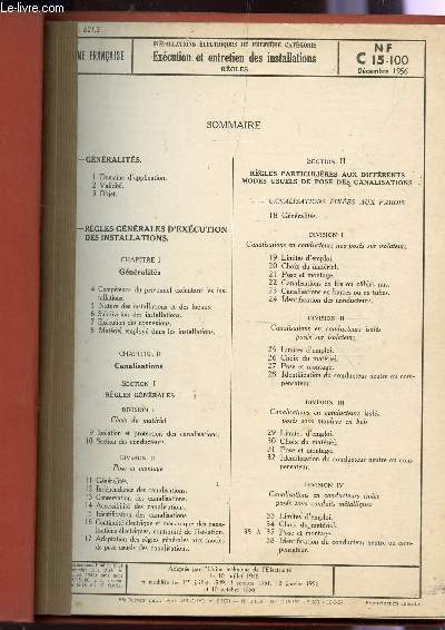 INSTALLATIONS ELECTRIQUES DE PREMIERE CATEGORIE - EXECUTION ET ENTRETIEN DES INSTALLATIONS - NF C 15-100 - DECEMBRE 1956.