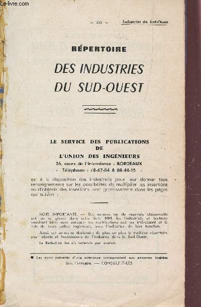 REPERTOIRE DES INDUSTRIES DU SUD OUEST.