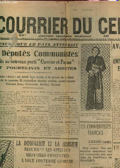LE COURRIER DU CENTRE - N277 - 9 OCTOBRE 1939 / LES DEPUTES COMMUNISTES INSCRITS AU NOUVEAU PARTI 