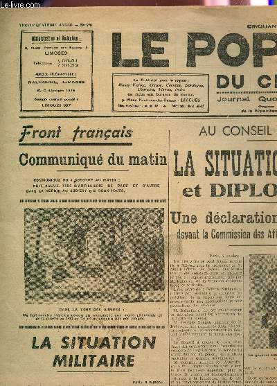 LE POPULAIRE DU CENTRE - N275 - 5 OCTOBRE 1939 / LA SITUATION MILITAIRE ET DIPLOMATIQUE - FRONT FRANCAIS - LES NEGOCIATIONS MILITAIRES ANGLO-TURQUES - ...
