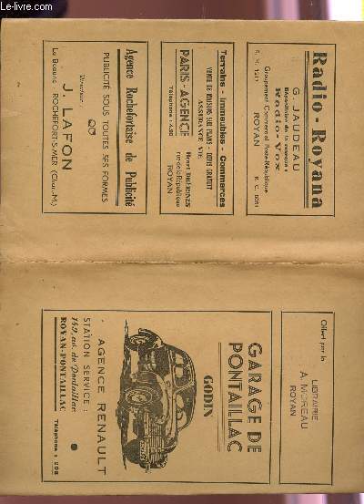PLAQUETTE PUBLICITAIRE GARAGE DE PONTILLAC, GUSTAVE FELLONNEAU, MICHEL MAISON DE PARIS, RADIO ROYANA...