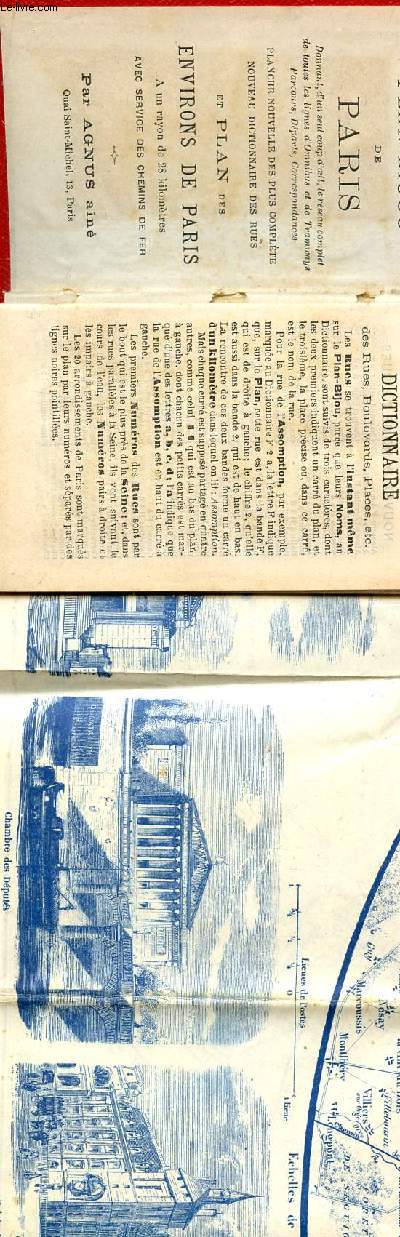PLAN-BIJOU DE PARIS - PLANCHE COMPLETE - NOUVEAU DICTIONNAIRE DES RUES ET PLAN DES ENVIRONS DE PARIS - A UN RAYON DE 28 KILOMETRES AVEC SERVICE DES CHEMINS DE FER.
