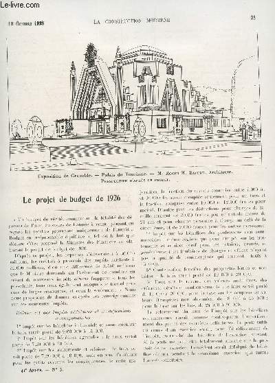 LA CONSTRUCTION MODERNE : 41 ANNEE - FASCICULE N3 - 18 OCTOBRE 1925 / LE PROJET DE BUDGET DE 1926 / EXPOSITION DE GRENOBLE 