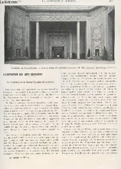 LA CONSTRUCTION MODERNE : 41 ANNEE - FASCICULE N19 - 7 FEVIRER 1926 / LE VESTIBULE ET LE GRAND ESCALIER DE LETROSNE - EXPOSITION DE GRNOBLE - ....