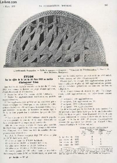 LA CONSTRUCTION MODERNE : 41 ANNEE - FASCICULE N23 - 7 MARS 1926 / ETUDE SUR LES EFFETS DE LA LOI DU 14 MARS 1919 EN MATIERE D'AMENAGEMENT URBAIN - LES APPARTEMENTS DE L'AMBASSADE - LINTEAUX CONTINUS A TROIS TRAVEES...