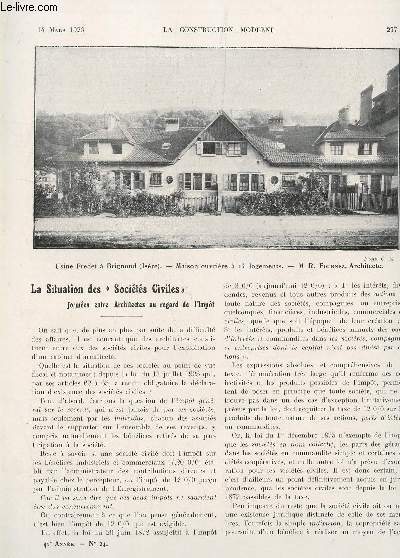 LA CONSTRUCTION MODERNE : 41 ANNEE - FASCICULE N24 - 14 MARS 1926 / LA SITUATION DES 