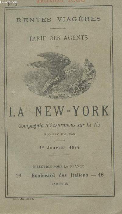 RENTES VIAGERES - N2 - TARIF DES AGENTS / 1er JANVIER 1884.