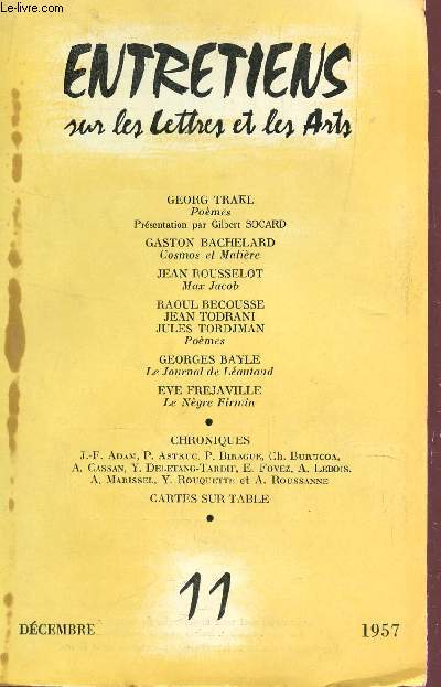ENTRETIENS SUR LES LETTRES ET LES ARTS - N11 - DECEMBRE 1957 / G. TRAKL 3POEMES