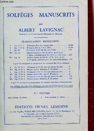 SOLFEGES MANUSCRITS - 3e VOLUME.