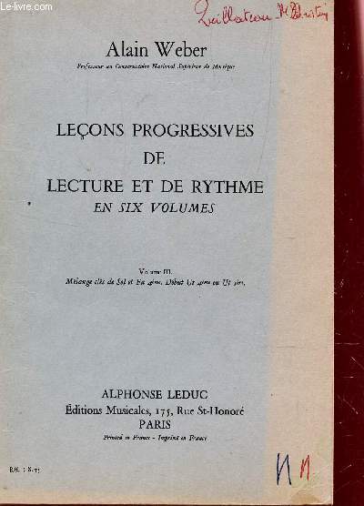 LECONS PROGRESSIVES DE LECTURE ET DE RYTHME - VOLUME III : MELANGE CLES DE SOL ET FA 4e - DEBUT Ut 4e OU Ut 1ere.