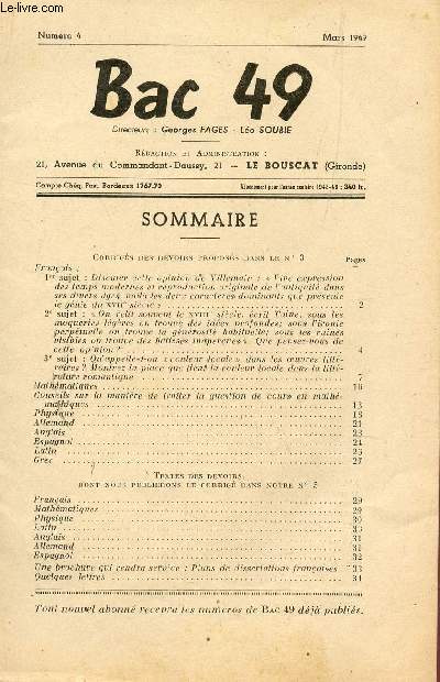 BAC 49 - NUMERO 4 - MARS 1949 / SOMMAIRE : CORRIGES DES DEVOIRS PROPOSES DANS LE N3 + TEXTES DES DEVOIRS 5CORRIGE DAND LE N5).