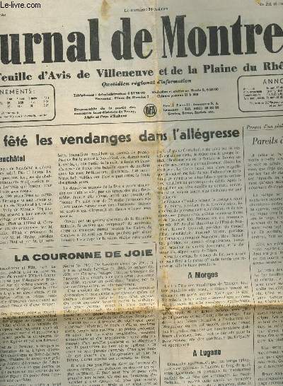 JOURNAL DE MONTREUX, FEUILLE D'AVIS DE VILLENEUVE ET DE LA PLAINE DU RHONE / N231 DU 3 OCTOBRE 1960 / ON A FETE LES VENDANGES DANS L'ALLEGRESSE - UN APPEL DU PRESIDENT DE LA CONFEDERATION EN FAVEUR DU MALHEUREUX CHILI - ETC....