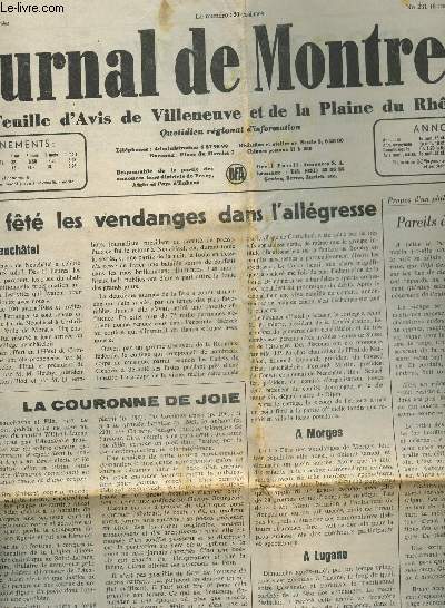 JOURNAL DE MONTREUX, FEUILLE D'AVIS DE VILLENEUVE ET DE LA PLAINE DU RHONE / N231 DU 3 OCTOBRE 1960 / ON A FETE LES VENDANGES DANS L'ALLEGRESSE - UN APPEL DU PRESIDENT DE LA CONFEDERATION EN FAVEUR DU MALHEUREUX CHILI - ETC....