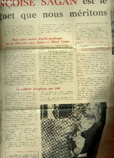 EXTRAIT D'UN JOURNAL : NI INFLATION NI DEVALUATION? PAR RENE BELIN / HAUSSE MENACANTE DES PRIX PAR F.F. LEGUEU / FRANCOISE SAGAN EST LE RADIGUET QUR NOUS MERITONS PAR C. MILLAU ETC...