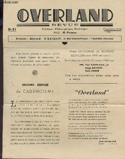 OVERLAND, REVUE POETIQUE, PHILOSOPHIQUE, ESOTERIQUE - N21 - 15 NOVEMBRE 1948 / SECOND EXPOSE DU CADENCISME - 