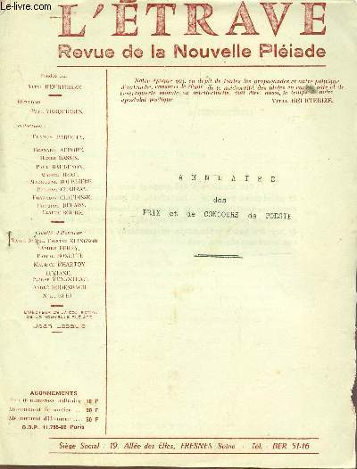 L'ETRAVE, REVUE DE LA NOUVELLE PLEIADE / ANNUAIRE DES PRIX ET DE CONCOURS DE POESIE.