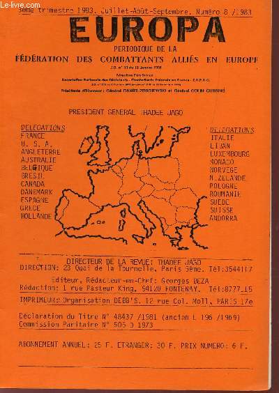 EUROPA, PERIODIQUE DE LA FEDERATION DES COMBATTANTS ALLIES EN EUROPE / N8 - 3e TRIMESTRE 1983 - JUILLET-AOUT-SEPTEMBRE.