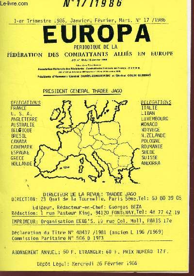 EUROPA, PERIODIQUE DE LA FEDERATION DES COMBATTANTS ALLIES EN EUROPE / N17 - 1eR TRIMESTRE 1986 - JANVIER-FEVRIER-MARS.