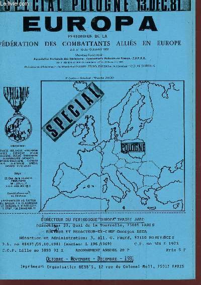 EUROPA, PERIODIQUE DE LA FEDERATION DES COMBATTANTS ALLIES EN EUROPE / SPECIAL POLOGNE / OCT-NOV-DECEMBRE 1981.