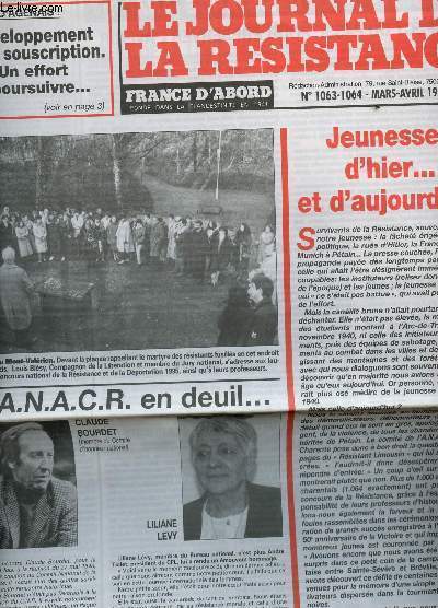 LE JOURNAL DE LA RESISTANCE - N1063-1064 - MARS-AVRIL 1996 / DEVELOPPEMENT DE LA SOUSCRIPTION - UNEFFORT A POURSUIVRE / L'ANACR EN DEUIL / JEUNESSES D'HIER ET D'AUJOURD'HUI / DIFFAMATION : POTIER-SANDERS CONDAMNE / PAPON EN COUR D'ASSISES? ETC....