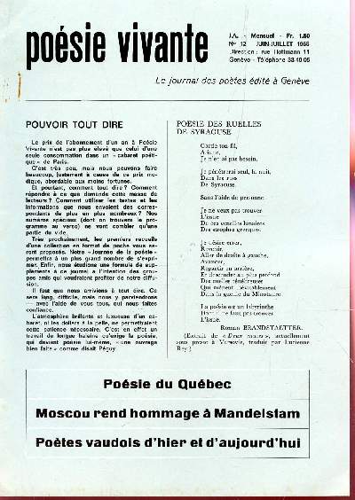 POESIE VIVANTE - N12 - JUIN-JUILLET 1965 / POESIE DU QUEBEC - MOSCOU REND HOMMAGE A MANDELSTAM - POETES VAUDOIS D'HIER ET D'AUJOURD'HUI.