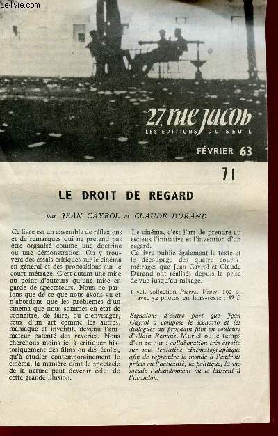 27 RUE JACOB - FEVRIER 1963 / DROIT DE REGARD - LE REVE DE LA RAISON - LE COQ ROUGE ETC... (EXTRAITS D'OUVRAGES - PRESENTATION)
