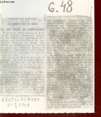 MESSAGE-PHOTO EN NOIR ET BLANC ENVOYE PENDANT LA SECONDE GUERRE MONDIALE / SOUS LA REFERENCE G48 / REVEIL DU NORD - EXTRAIT DU 31.03.1944 : 