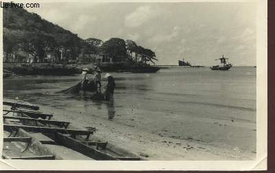 1 PHOTO ARGENTIQUE EN NOIR ET BLANC DIMENSION 9 X 14 Cm : VIET-NAM - SCENE DE PECHE AVEC 3 PECHEURS TIRANT DES FILETS PRES DE LA COTE - CARTE DATEE DU 24.08.1953.