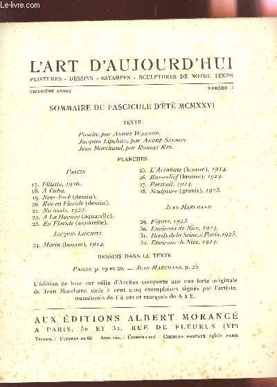 L'ART D'AUJOURD'HUI / FASCICULE D'ETE 1926 - 3e ANNEE - N10 / 13 PLANCHES SUR 16 - COLLATIONNE : INCOMPLET.