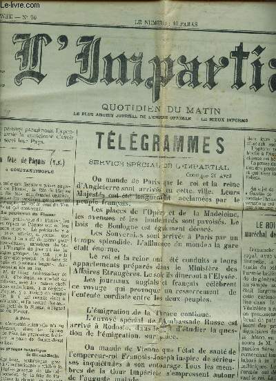 JOURNAL L'IMPARTIAL - 81e ANNEE - N90 - MERCREDI 20 AVERIL 1914 / UNE MISSION NAVALE : A PROPOS DU DEPART DU 
