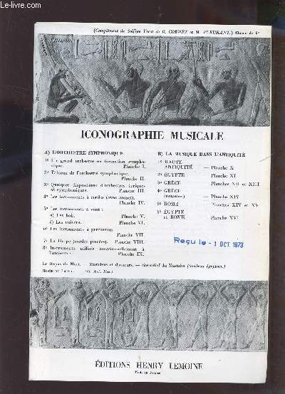 ICONOGRAPHIE MUSICALE : ORCHESTRE SYMPHONIQUE - LA MUSIQUE DE L'ANTIQUITE) / (COMPLEMENT DU SOLFEGE VOCAL DE R. CORNET ET M. FLEURANT - CLASSE DE 6e.