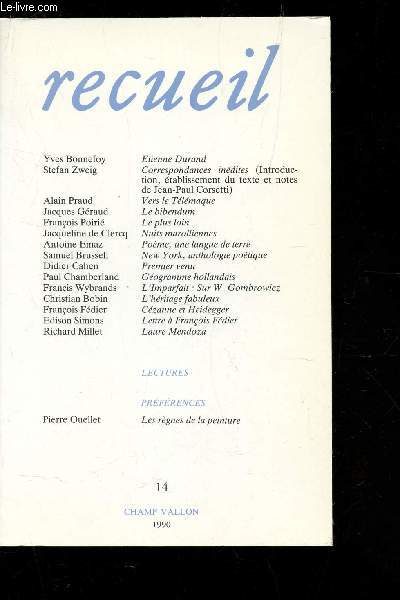 RECUEIL - N14 / Yves Bonnefoy, Stefan Zweig, Alain Praud, Jacques Graud, Franois Poiri ETC....