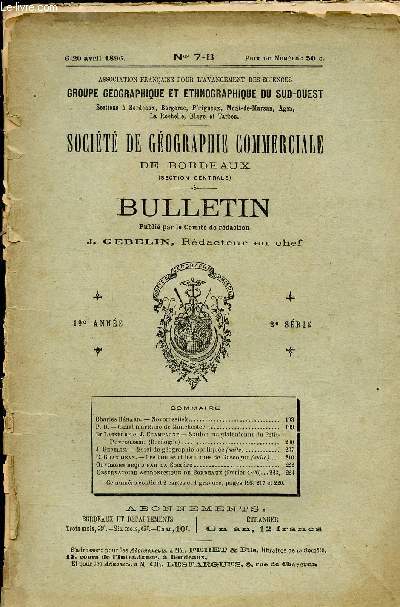 SOCIETE DE GEOGRAPHIE COMMERCIALE DE BORDEAUX -BULLETIN Ns7-8 - AVRIL 1896 / NOVOROSSILK / CANAL MARITIME DE MANCHESTER / STATION MAGADALENIENNE DU PETIT PUYROUSSEAU / ESSAI DE GEOGRAPHIE APPLIQUEES (SUITE) - LES LANDES ET LES DUNES DE GASCOGNE (SUITE)..